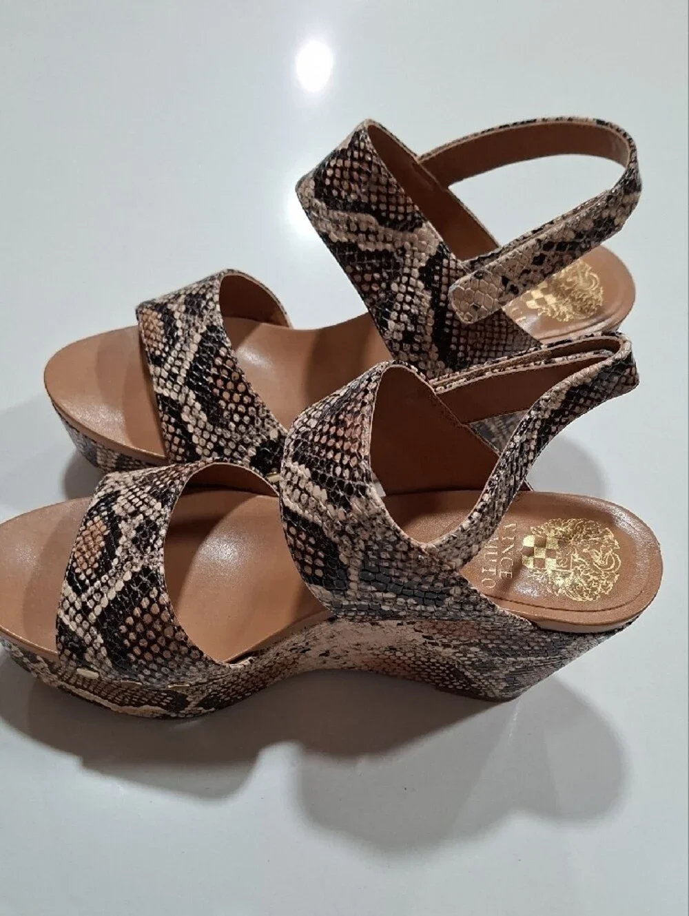 Vince Camuto Taupe Snake-Print Wedge Sandals